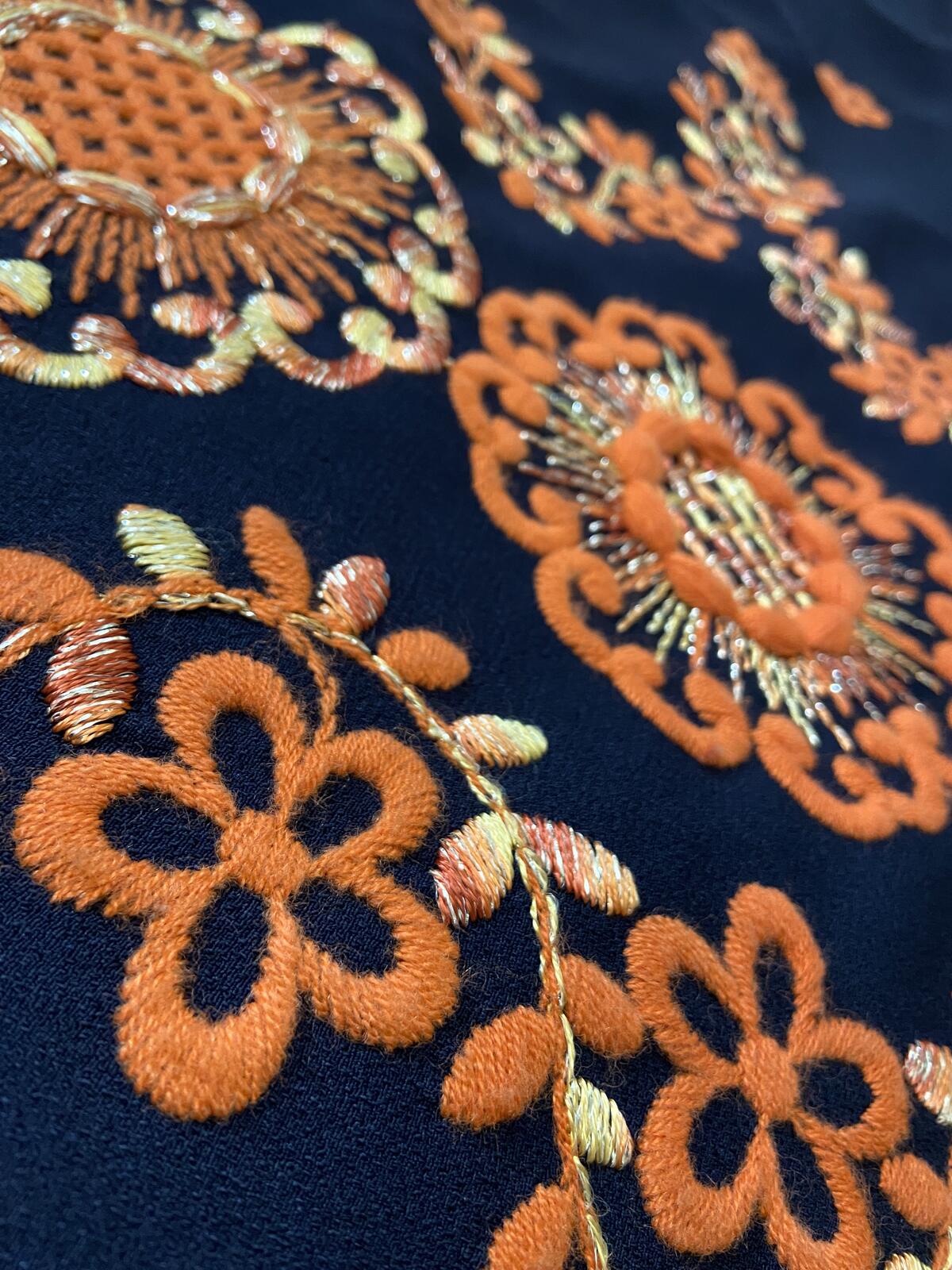 Vintage 1960s Black Orange Embroidered Maxi Dress
