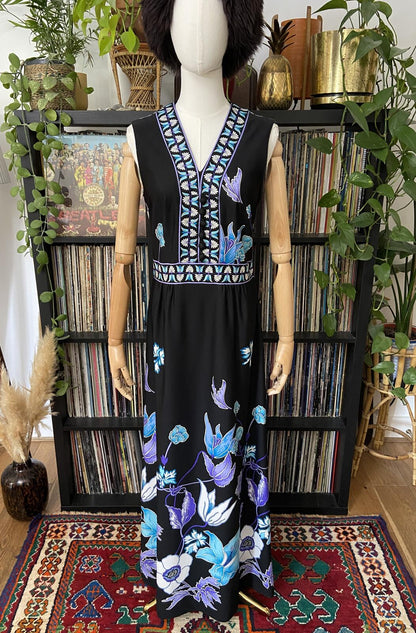 Vintage 1970s Blue Floral Sleeveless Maxi Dress