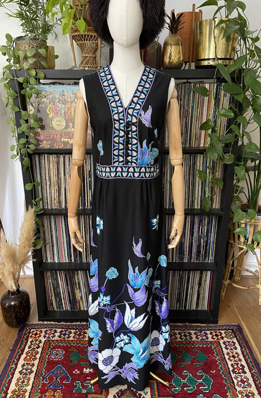 Vintage 1970s Blue Floral Sleeveless Maxi Dress