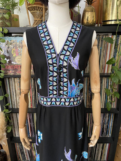 Vintage 1970s Blue Floral Sleeveless Maxi Dress