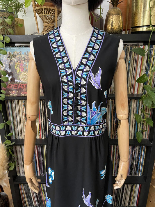 Vintage 1970s Blue Floral Sleeveless Maxi Dress