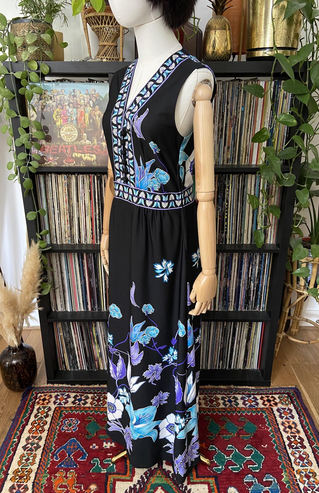 Vintage 1970s Blue Floral Sleeveless Maxi Dress