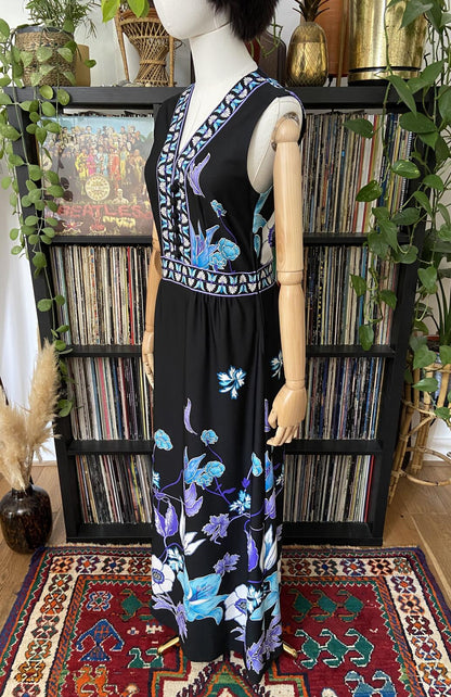 Vintage 1970s Blue Floral Sleeveless Maxi Dress
