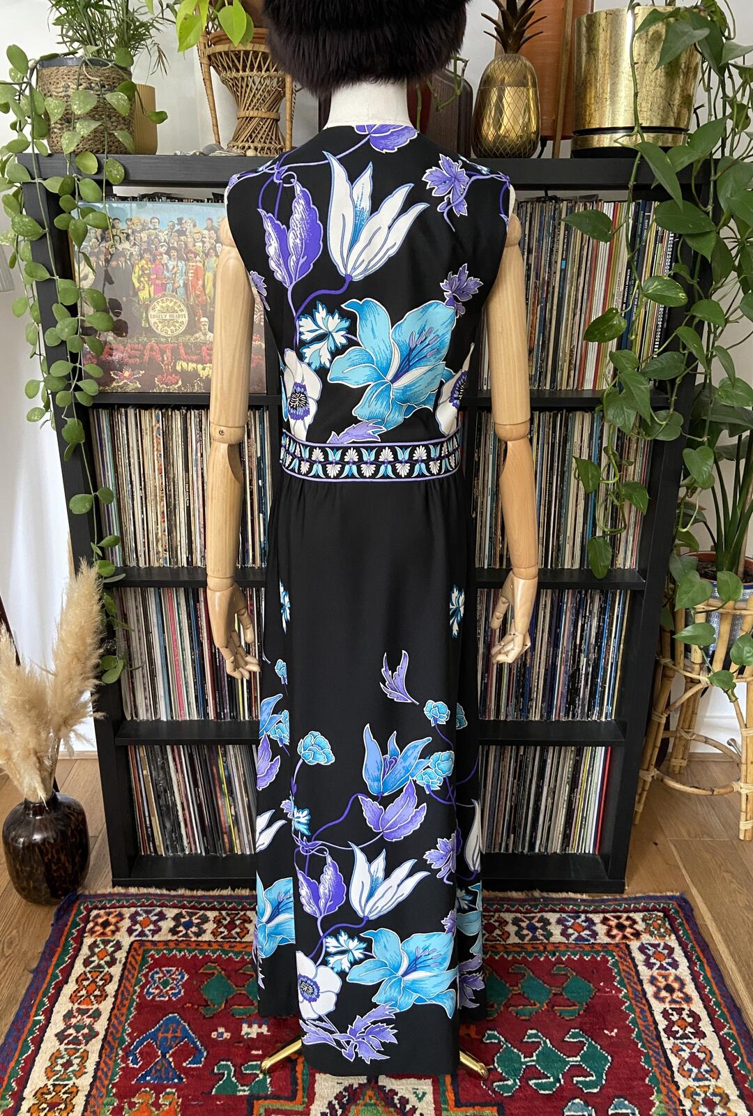 Vintage 1970s Blue Floral Sleeveless Maxi Dress
