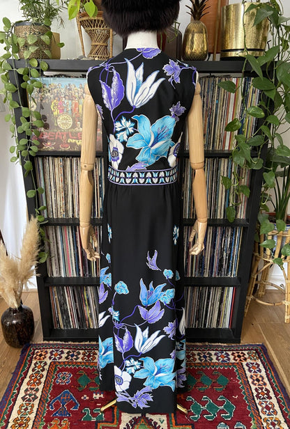 Vintage 1970s Blue Floral Sleeveless Maxi Dress