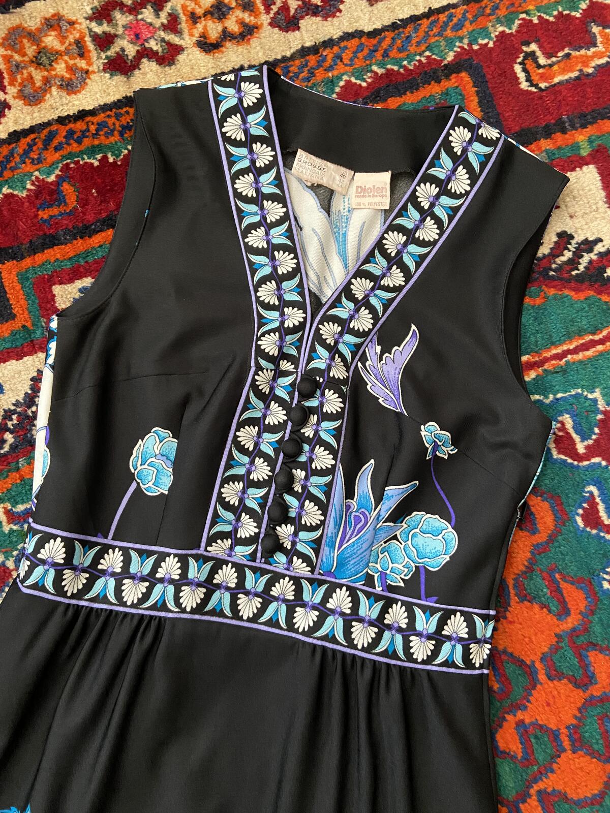 Vintage 1970s Blue Floral Sleeveless Maxi Dress
