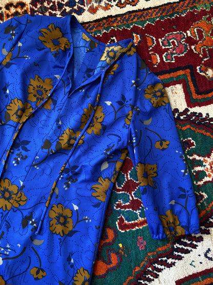 Vintage 1970s Royal Blue Brown Dress