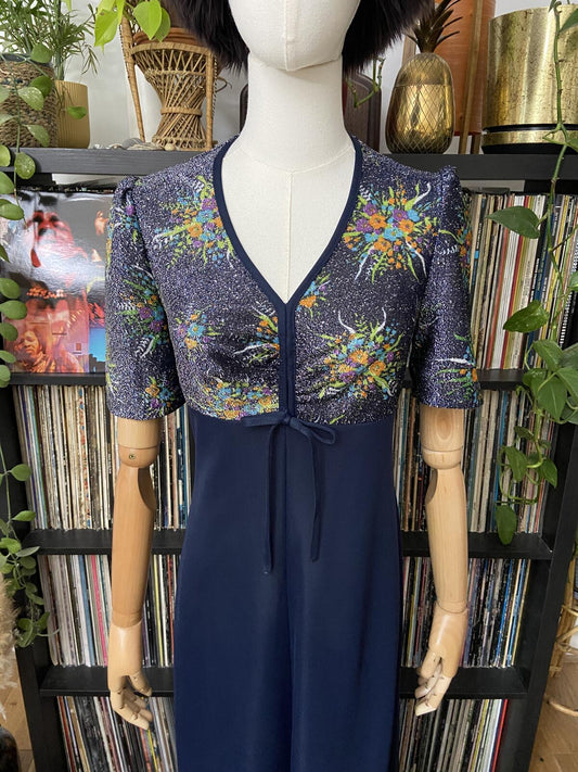 Vintage 1970s Navy Metallic Maxi Dress