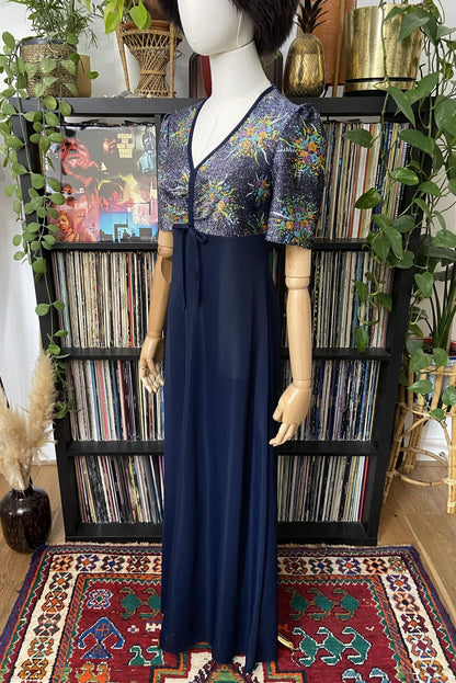 Vintage 1970s Navy Metallic Maxi Dress