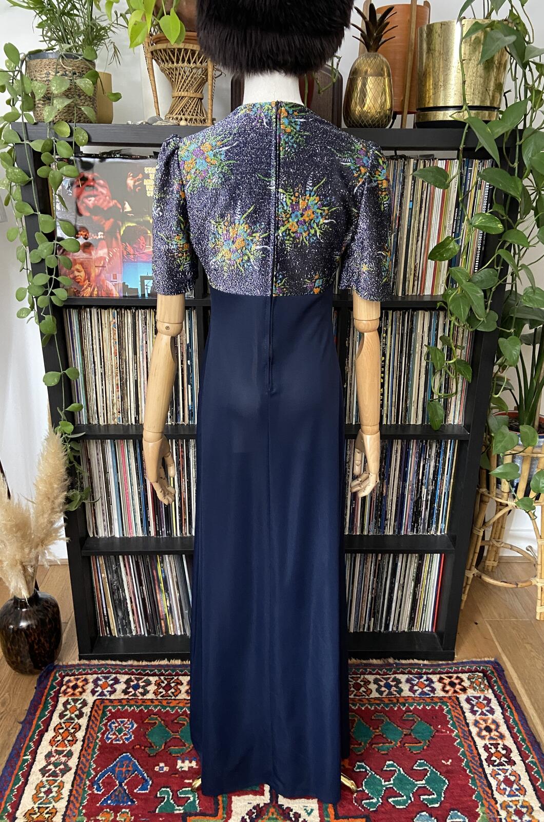 Vintage 1970s Navy Metallic Maxi Dress