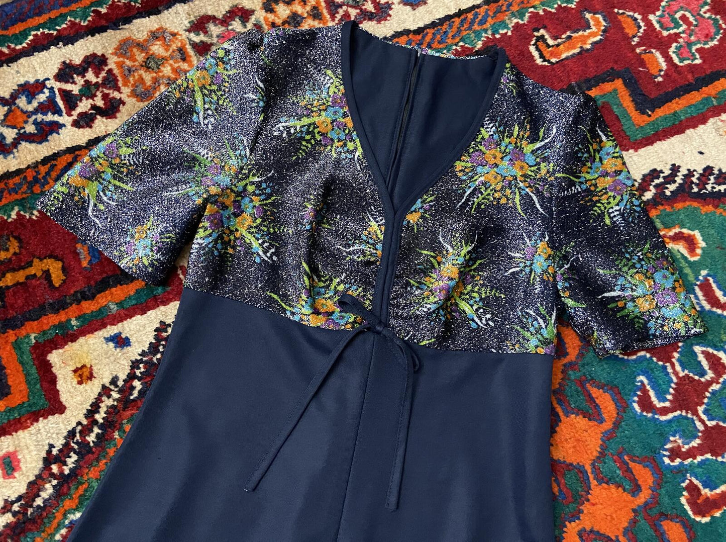 Vintage 1970s Navy Metallic Maxi Dress