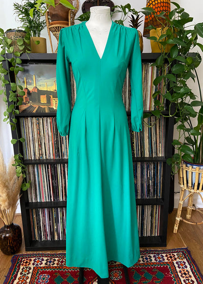 Vintage 1970s Green Ruche Shoulder Maxi Dress