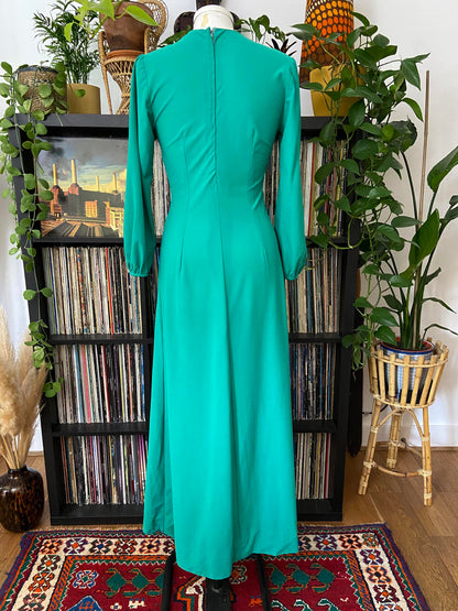 Vintage 1970s Green Ruche Shoulder Maxi Dress