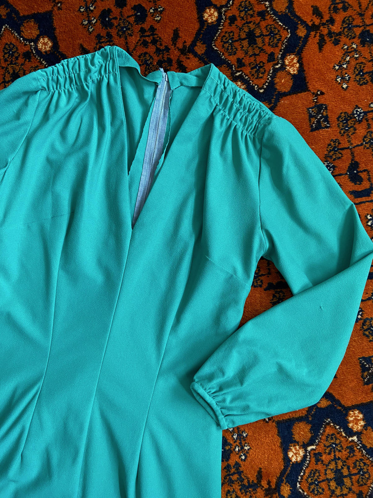 Vintage 1970s Green Ruche Shoulder Maxi Dress