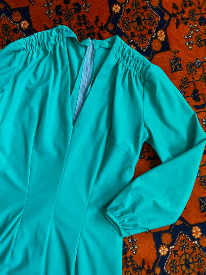 Vintage 1970s Green Ruche Shoulder Maxi Dress