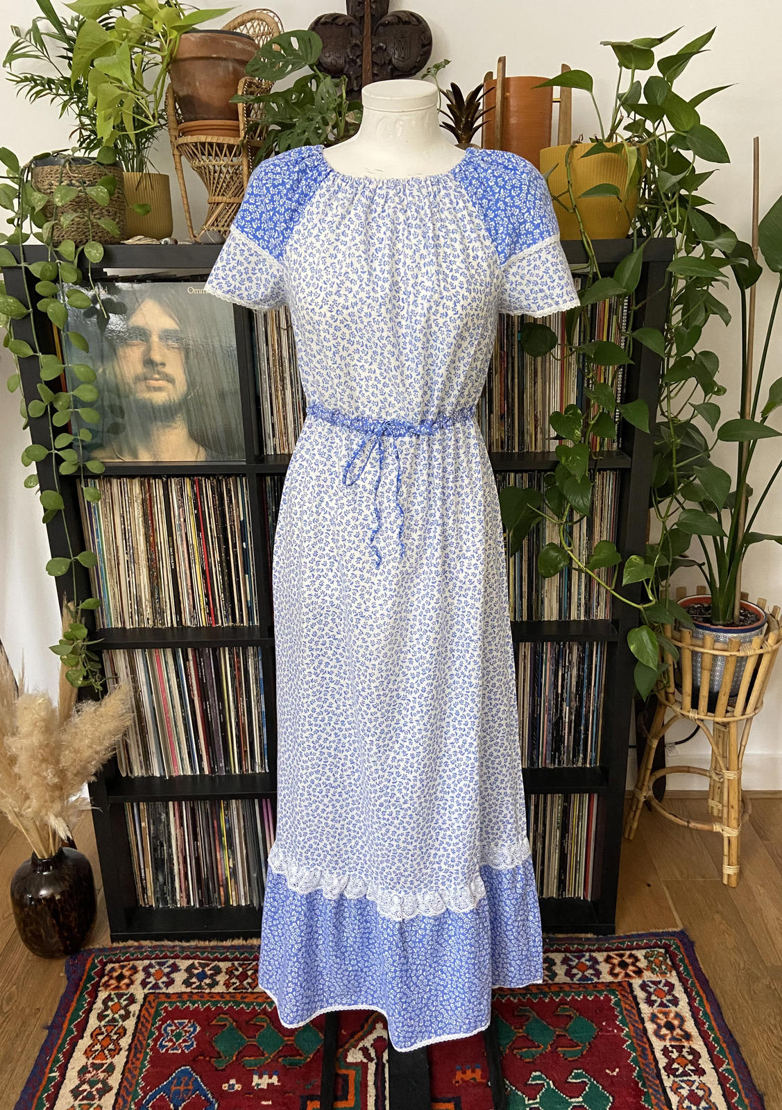 Vintage 1970s Blue Floral Prairie Dress