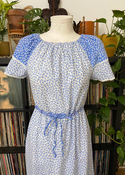 Vintage 1970s Blue Floral Prairie Dress