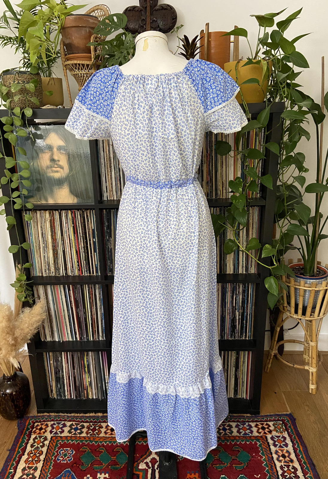 Vintage 1970s Blue Floral Prairie Dress