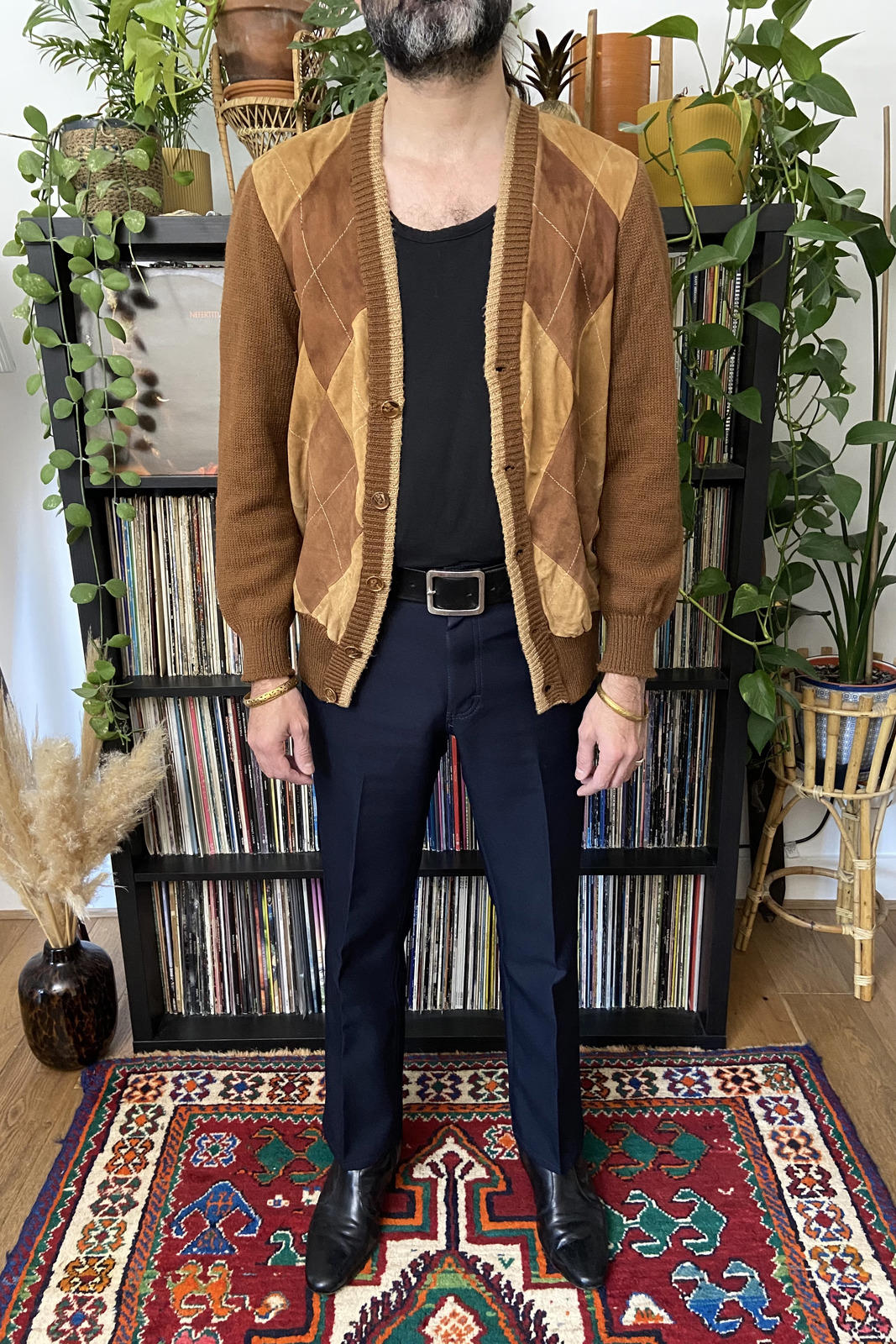 Vintage 1970s Suede Argyle Cardigan Sweatshirt