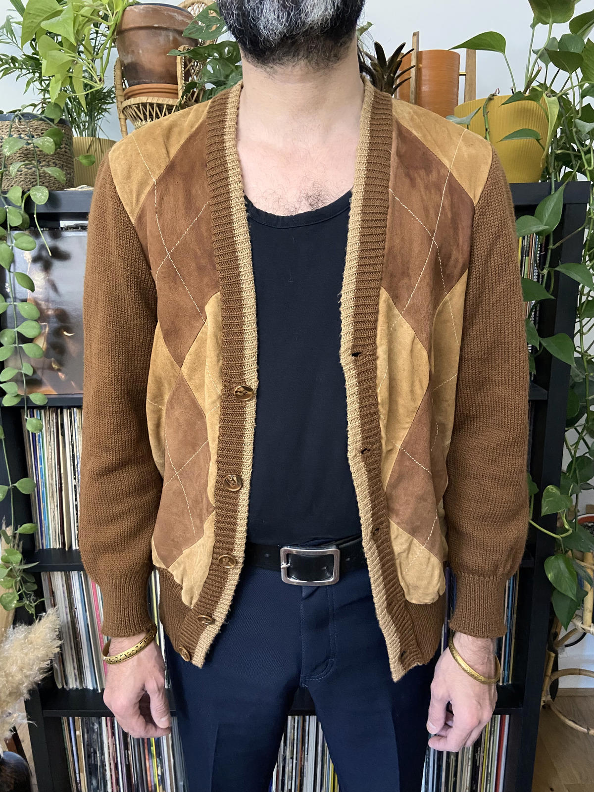 Vintage 1970s Suede Argyle Cardigan Sweatshirt