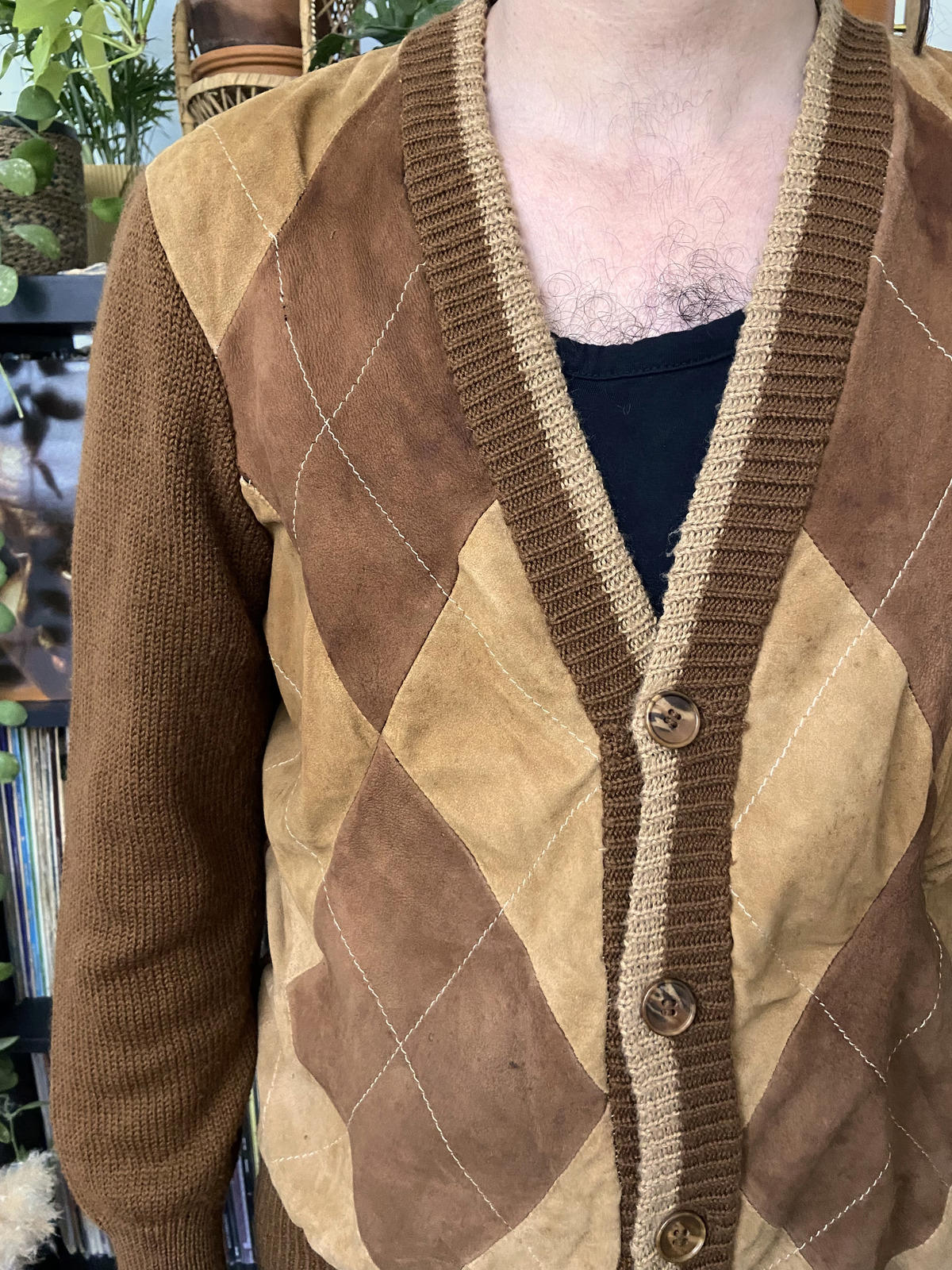 Vintage 1970s Suede Argyle Cardigan Sweatshirt