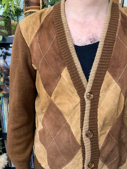 Vintage 1970s Suede Argyle Cardigan Sweatshirt