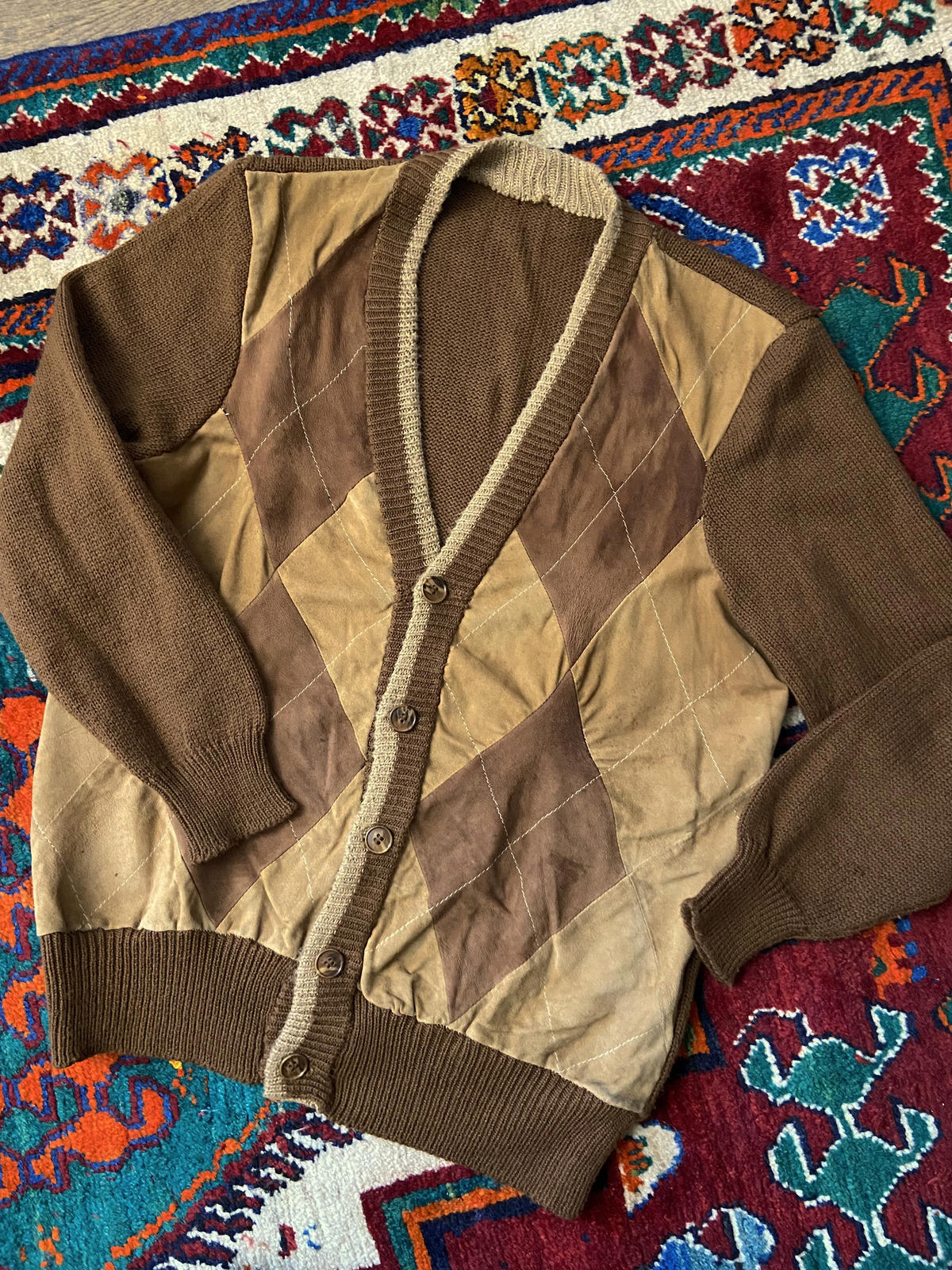 Vintage 1970s Suede Argyle Cardigan Sweatshirt