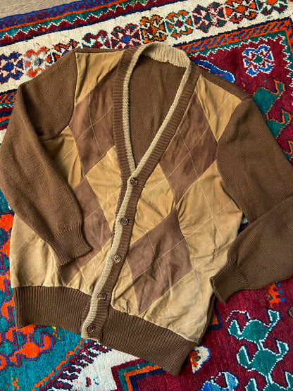 Vintage 1970s Suede Argyle Cardigan Sweatshirt