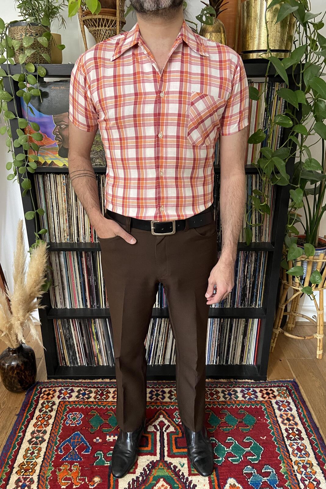 Vintage 1970s Burgundy & Orange Dagger Collar Shirt