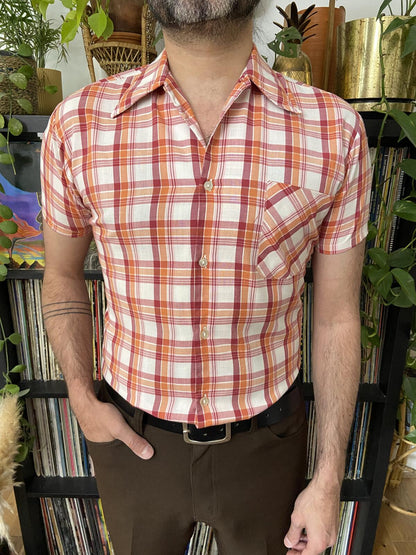 Vintage 1970s Burgundy & Orange Dagger Collar Shirt