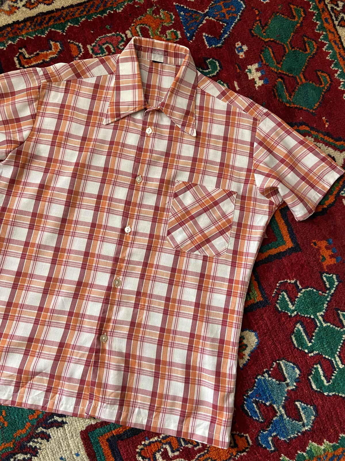 Vintage 1970s Burgundy & Orange Dagger Collar Shirt