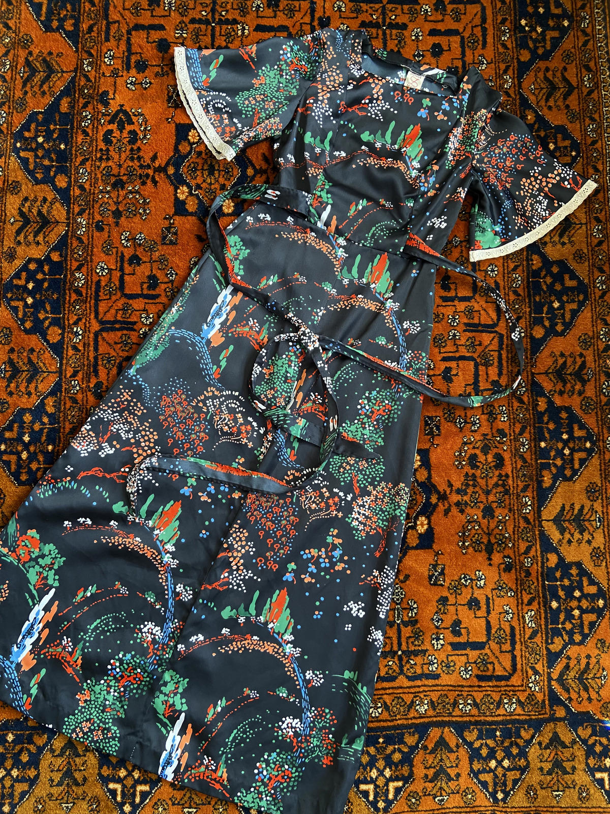 Vintage 1970s Patterned Lace Trim Maxi Dress
