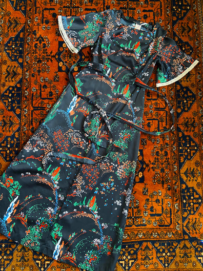 Vintage 1970s Patterned Lace Trim Maxi Dress