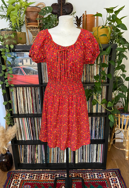 Vintage 1970s Red Ditsy Floral Print Dress