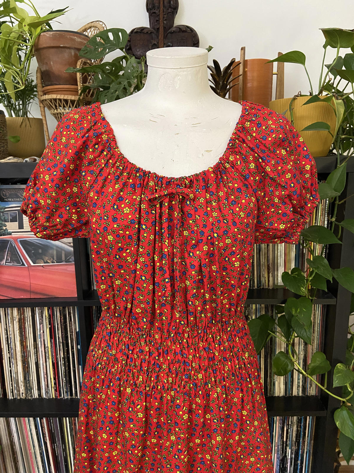 Vintage 1970s Red Ditsy Floral Print Dress