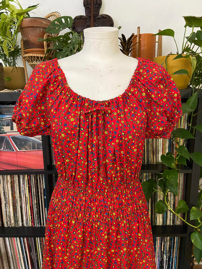 Vintage 1970s Red Ditsy Floral Print Dress