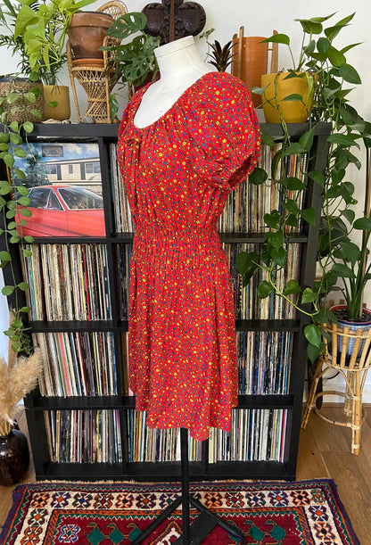 Vintage 1970s Red Ditsy Floral Print Dress