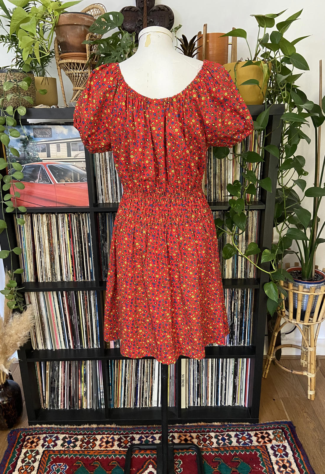 Vintage 1970s Red Ditsy Floral Print Dress