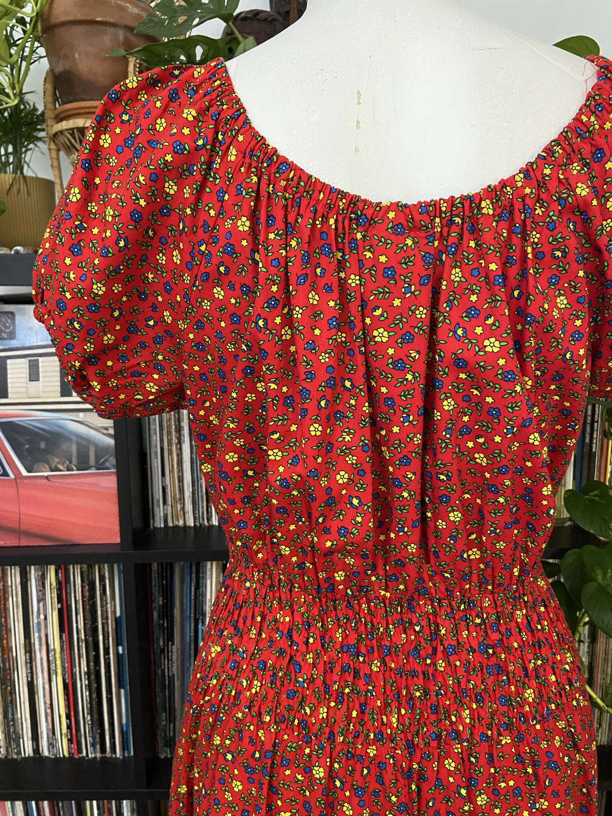 Vintage 1970s Red Ditsy Floral Print Dress