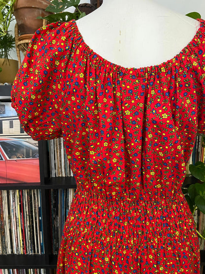 Vintage 1970s Red Ditsy Floral Print Dress