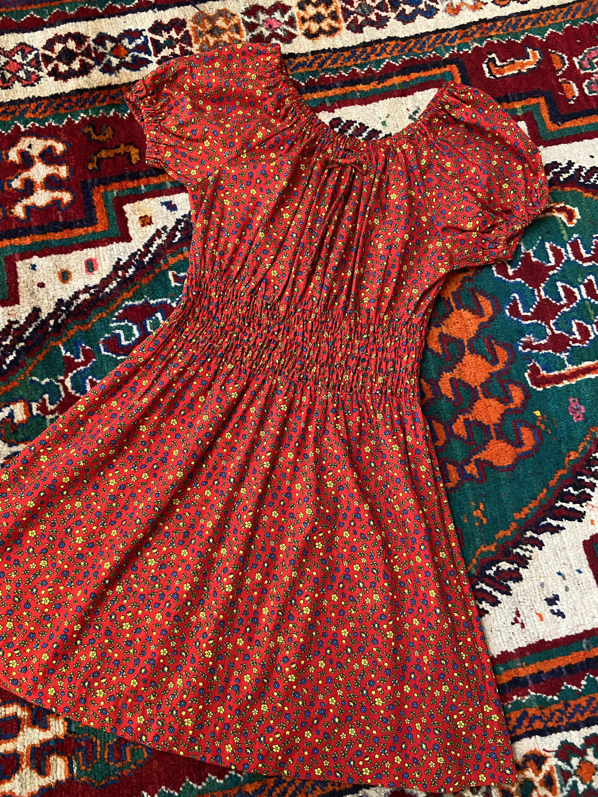 Vintage 1970s Red Ditsy Floral Print Dress