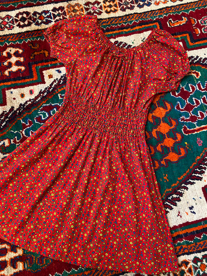 Vintage 1970s Red Ditsy Floral Print Dress