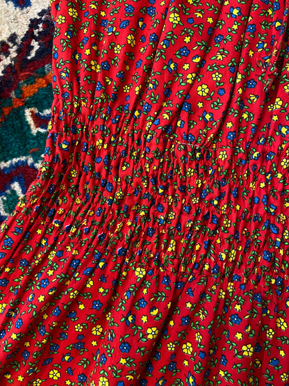 Vintage 1970s Red Ditsy Floral Print Dress