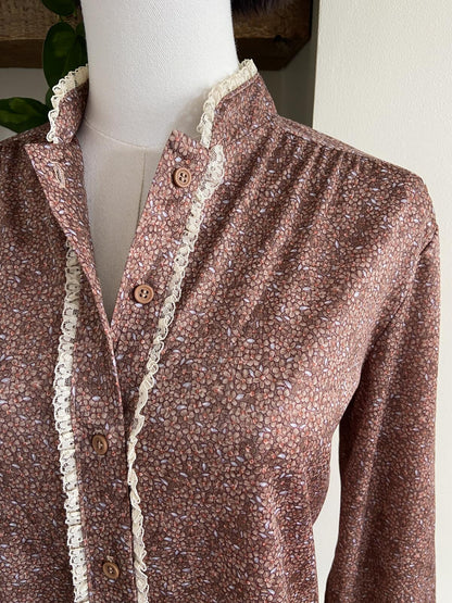 Vintage 1970s Purple Floral Lace Trim Shirt