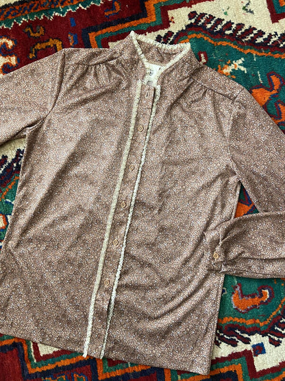 Vintage 1970s Purple Floral Lace Trim Shirt