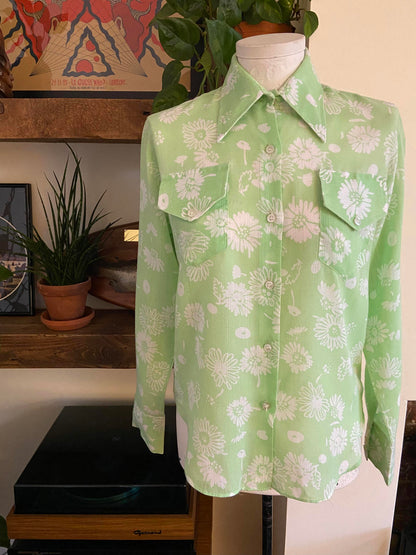 Vintage 1970s Green White Print Shirt