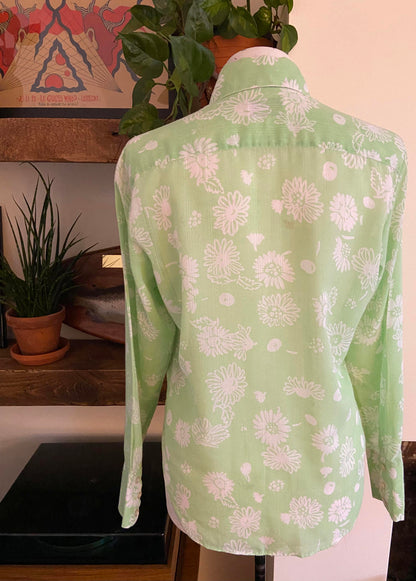 Vintage 1970s Green White Print Shirt