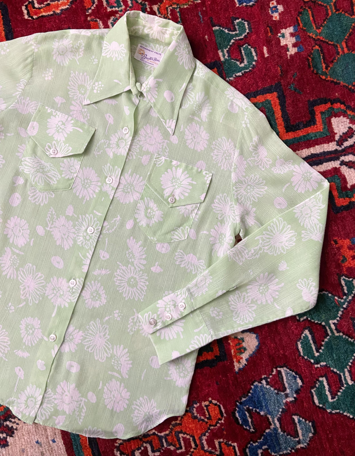 Vintage 1970s Green White Print Shirt