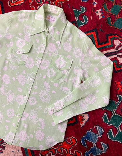 Vintage 1970s Green White Print Shirt