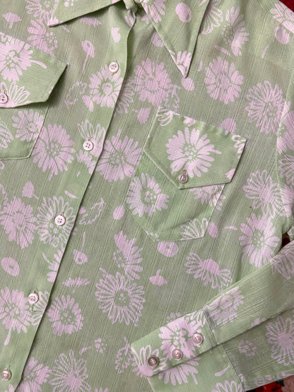 Vintage 1970s Green White Print Shirt